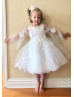 Bell Sleeve Ivory Lace Tulle Pearls Flower Girl Dress